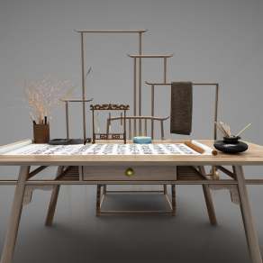 新中式风格书桌椅3D模型下载